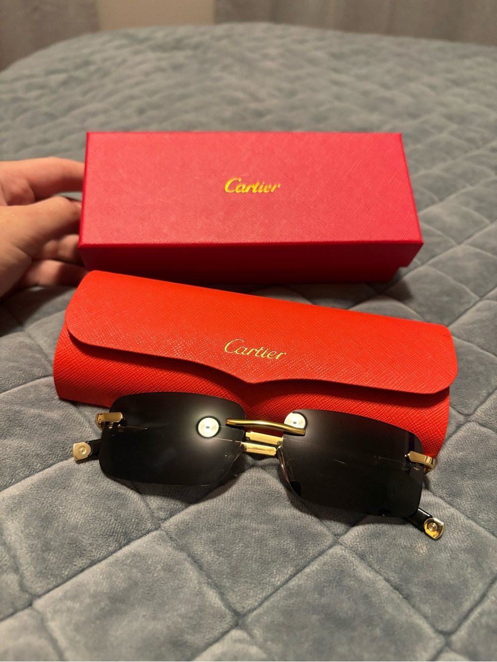 Cartier Rimless Sunglasses with Black Lenses and Gold Hardware